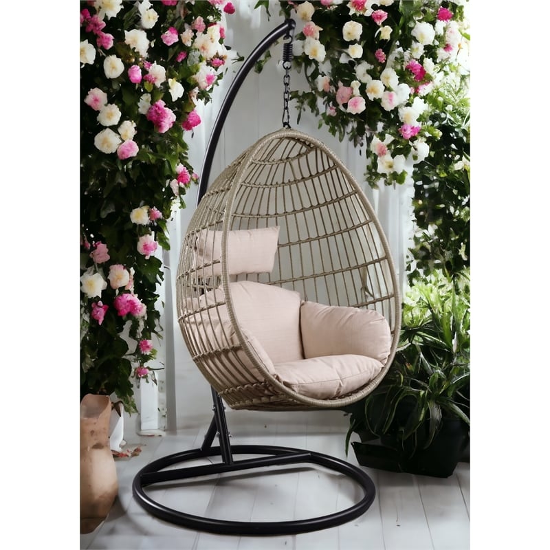 ACME Vasant Outdoor Patio Hanging Chair with Stand in Beige Fabric & Wicker