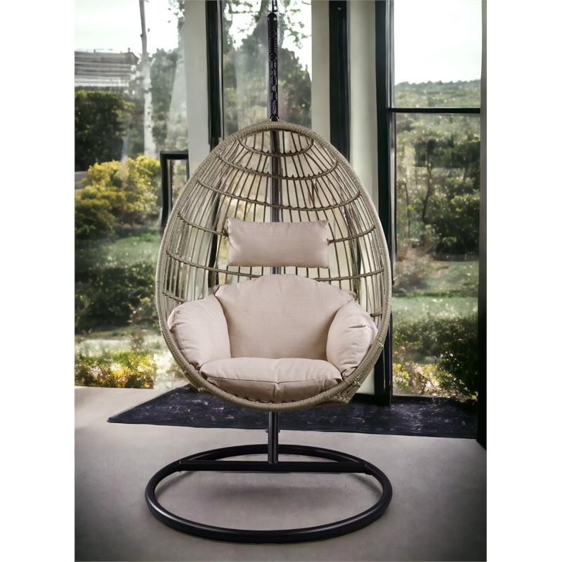 ACME Vasant Outdoor Patio Hanging Chair with Stand in Beige Fabric & Wicker