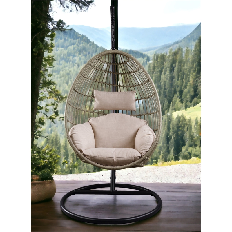 ACME Vasant Outdoor Patio Hanging Chair with Stand in Beige Fabric & Wicker