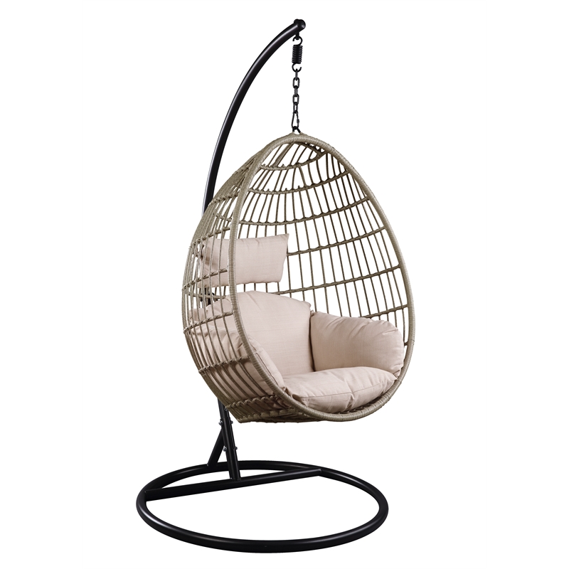 ACME Vasant Outdoor Patio Hanging Chair with Stand in Beige Fabric & Wicker