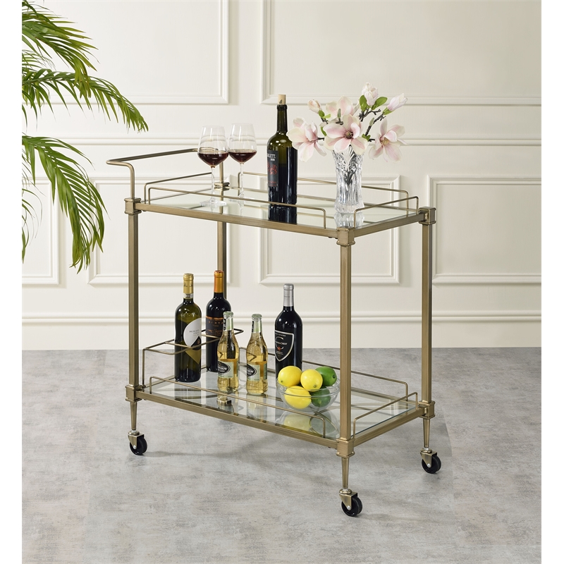 ACME Aditya Contemporary Metal Serving Cart in Mirrored and Antique Brass
