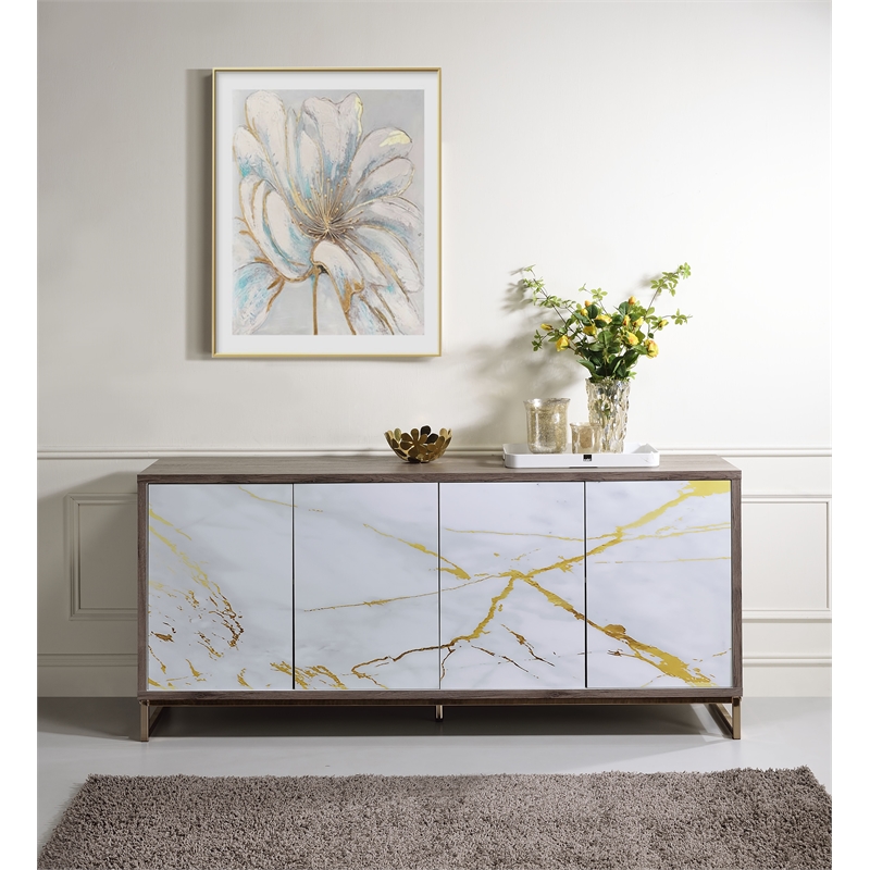 ACME Paavan Contemporary Wood Console Cabinet with White Marble Print in Oak