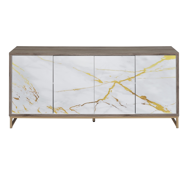 ACME Paavan Contemporary Wood Console Cabinet with White Marble Print in Oak