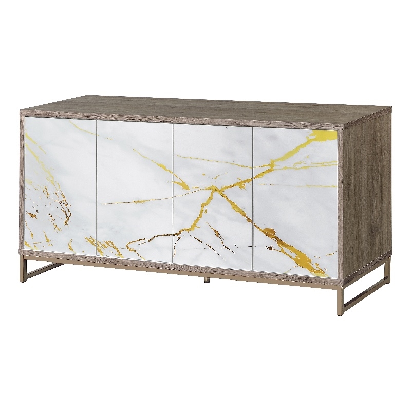 ACME Paavan Contemporary Wood Console Cabinet with White Marble Print in Oak