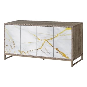 ACME Paavan Contemporary Wood Console Cabinet with White Marble Print in Oak