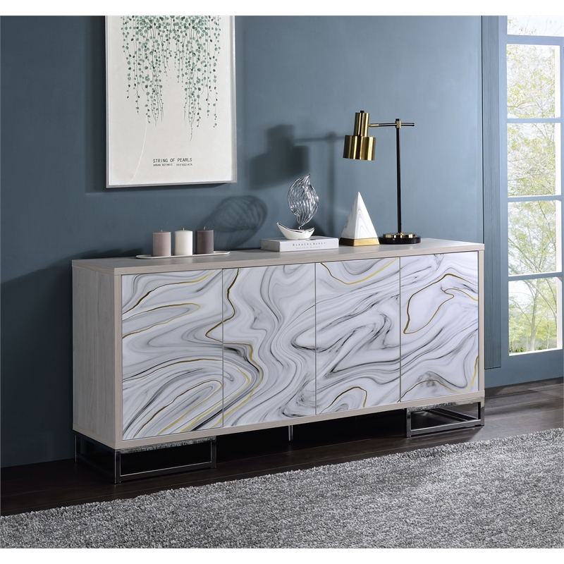 ACME Panos Contemporary Wood Console Cabinet with White Marble Print in Oak