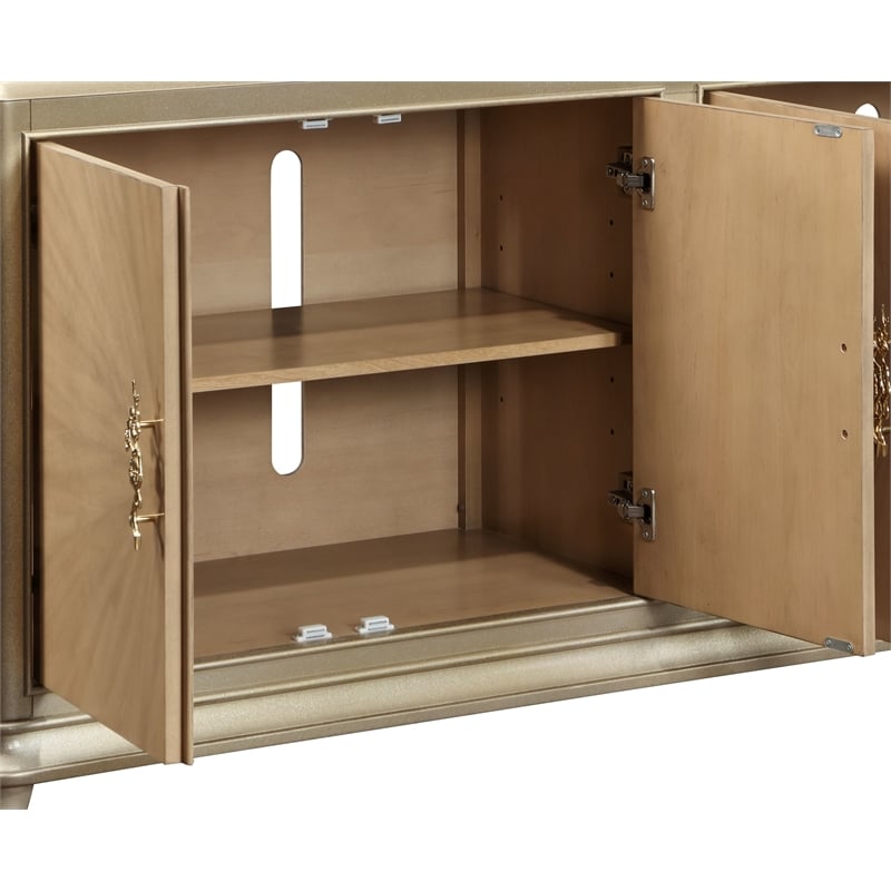 ACME Dodie Wood Console Cabinet in Natural Oak Sunburst and Taupe Champaign