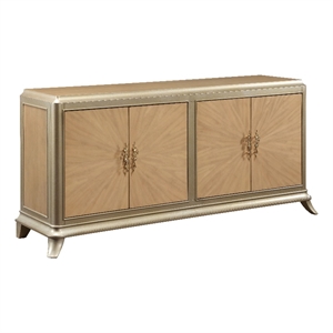ACME Dodie Wood Console Cabinet in Natural Oak Sunburst and Taupe Champaign