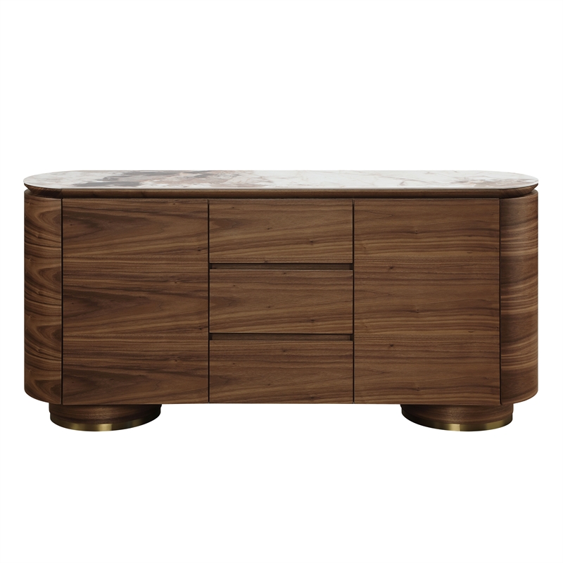 ACME Willene Contemporary Wood Server with Ceramic Top in Walnut/White