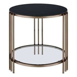 ACME Abisha Metal/Glass End Table with Stone Top in Black/Champagne Gold