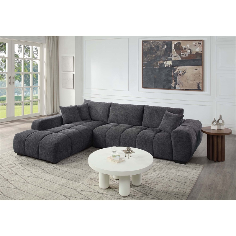 ACME Chosen Linen Fabric Upholstered Sectional Sofa with 3 Pillows in Gray