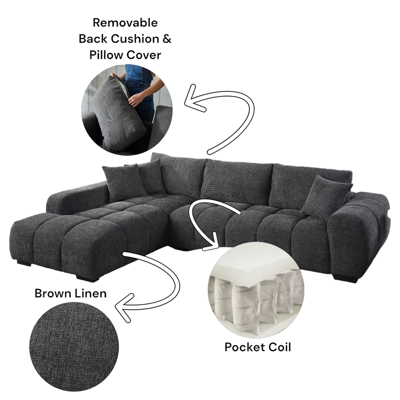 ACME Chosen Linen Fabric Upholstered Sectional Sofa with 3 Pillows in Gray