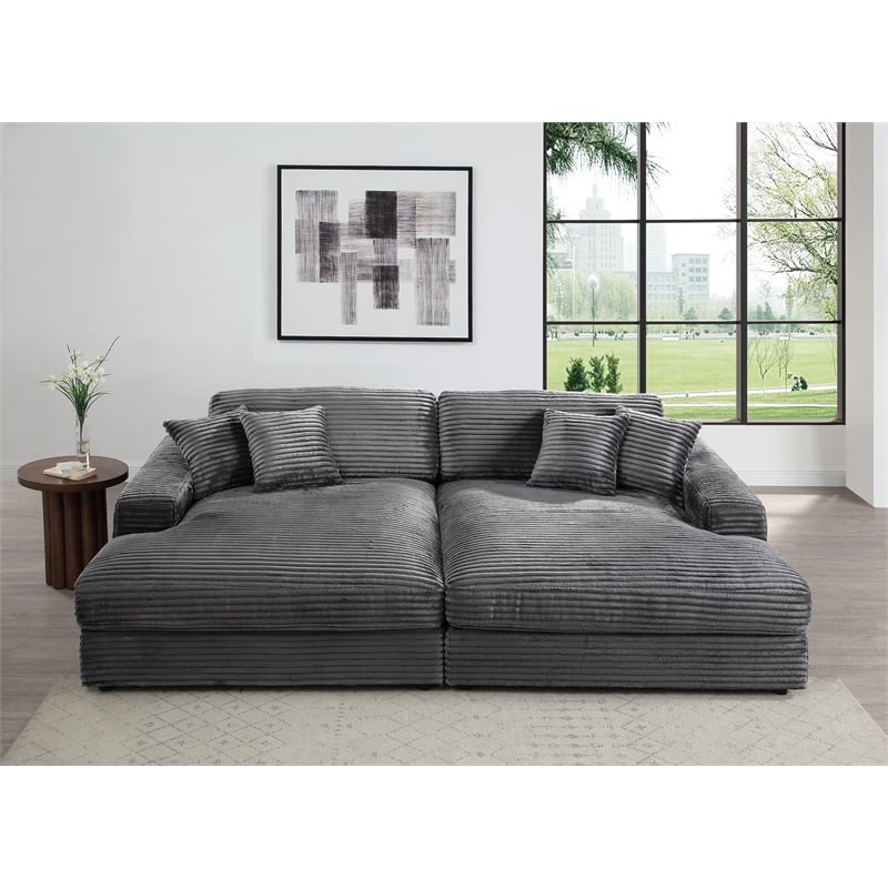 ACME Hilde Velvet Upholstered Sectional Sofa with 4 Pillows in Gray