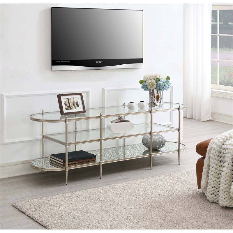 ACME Zaba Metal and Tempered Glass Oval TV Stand in Silver and Clear