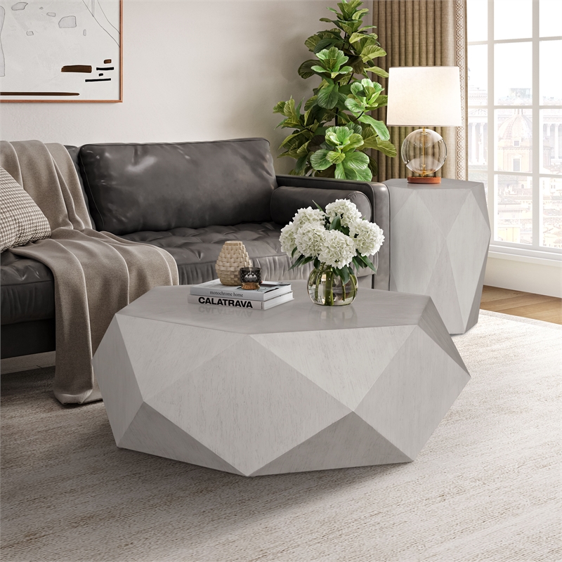 ACME Hanniel Contemporary Wood Hexagonal End Table in Antique White