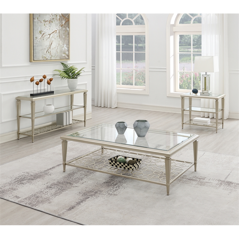 ACME Zaba Metal and Tempered Glass Rectangular End Table in Silver and Clear