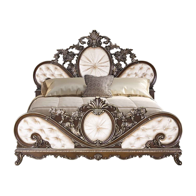 ACME Devany Wood & Fabric Upholstered Queen Bed in Cream and Cherry