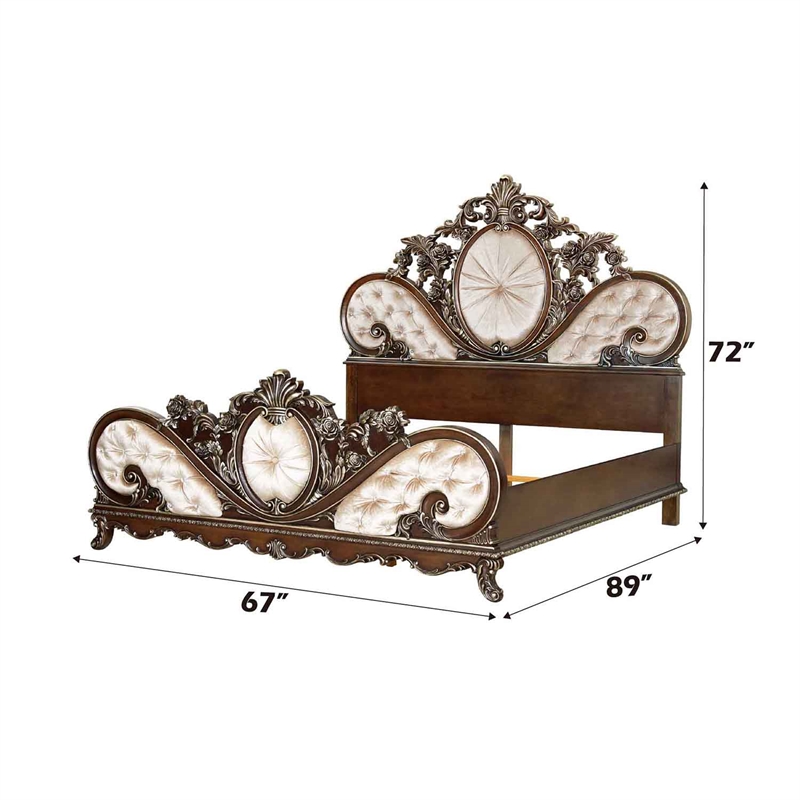 ACME Devany Wood & Fabric Upholstered Queen Bed in Cream and Cherry