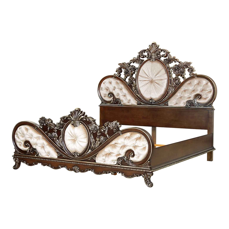 ACME Devany Wood & Fabric Upholstered Queen Bed in Cream and Cherry