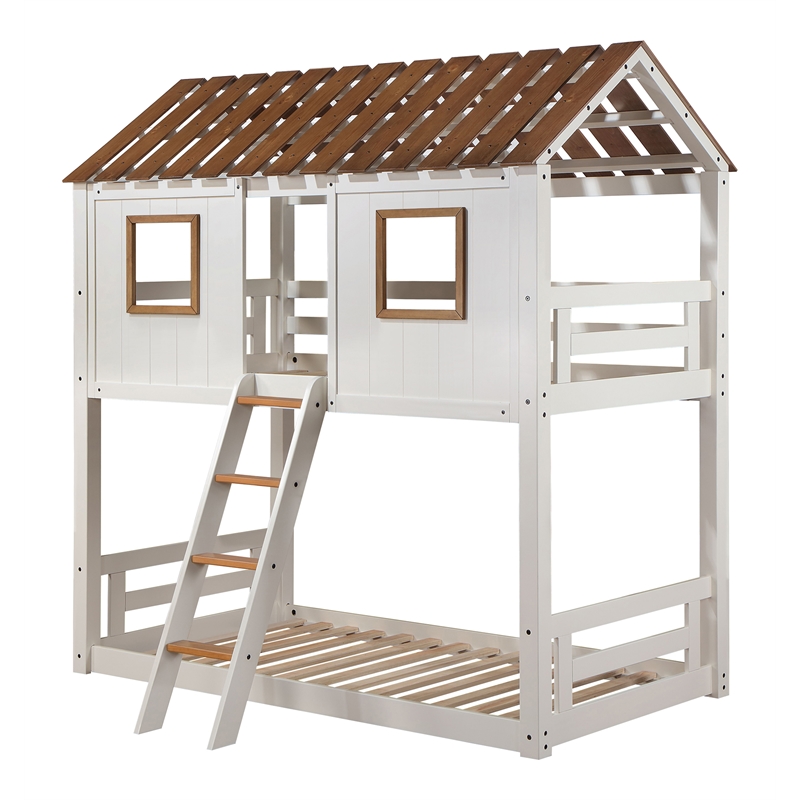 ACME Inara 2-Door Wood Twin over Twin Bunk Bed in White and Rustic Oak