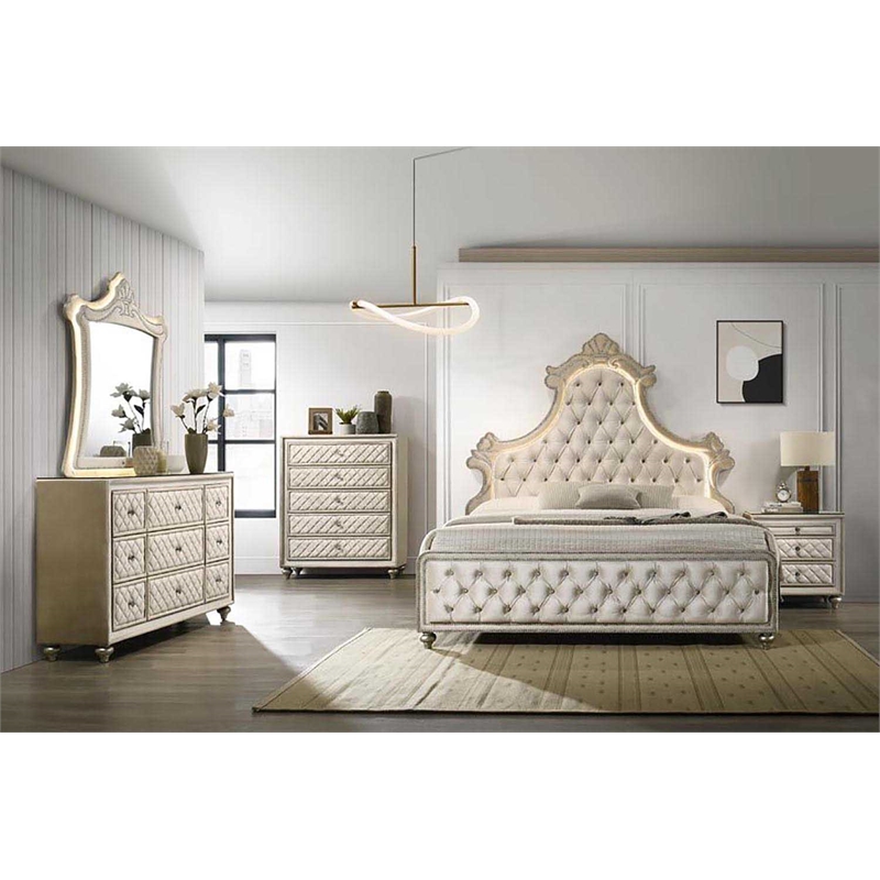 ACME Lucienne 2-Drawer Velvet Upholstered and Wood Nightstand in Beige