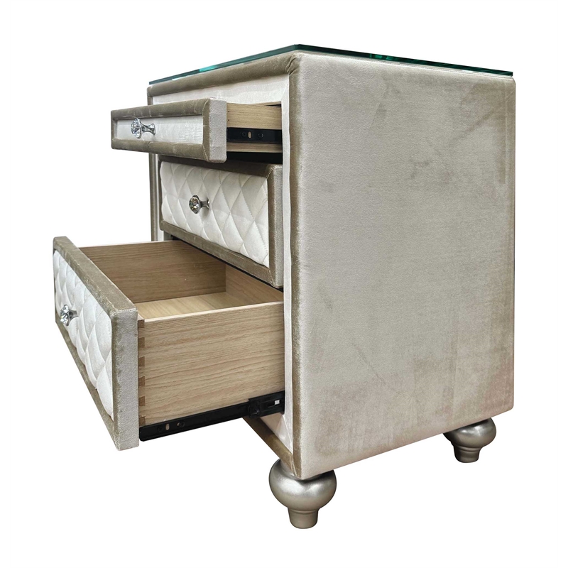 ACME Lucienne 2-Drawer Velvet Upholstered and Wood Nightstand in Beige