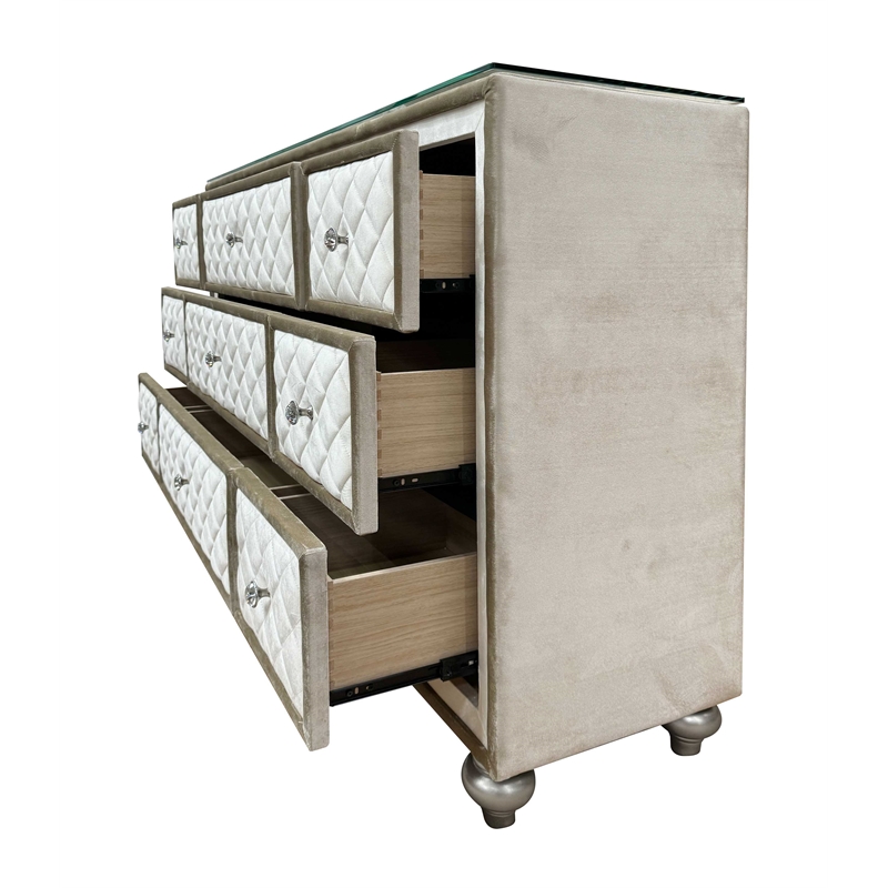 ACME Lucienne 9-Drawer Velvet Upholstered and Wood Dresser in Beige