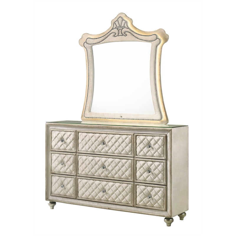 ACME Lucienne 9-Drawer Velvet Upholstered and Wood Dresser in Beige