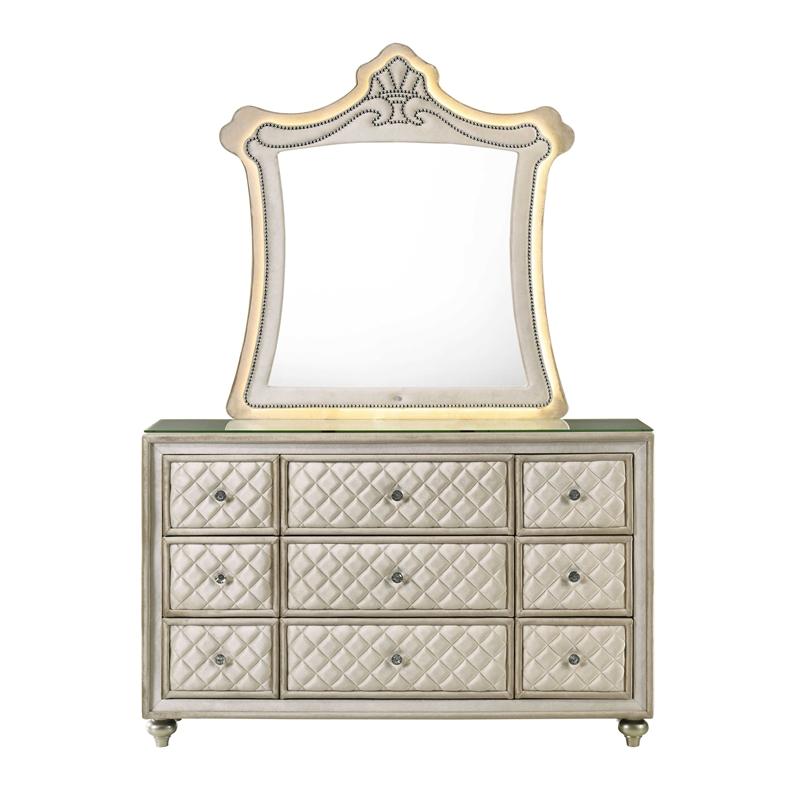 ACME Lucienne 9-Drawer Velvet Upholstered and Wood Dresser in Beige
