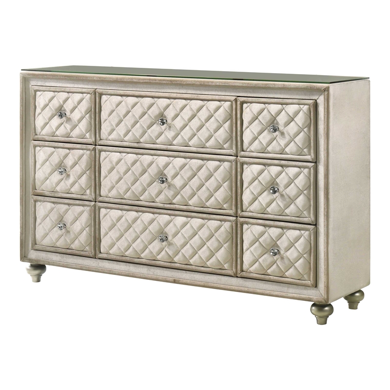 ACME Lucienne 9-Drawer Velvet Upholstered and Wood Dresser in Beige