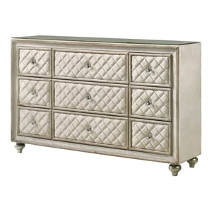acme lucienne 9-drawer velvet upholstered and wood dresser in beige