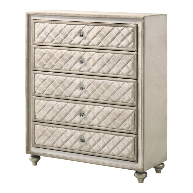 ACME Lucienne 5-Drawer Velvet Upholstered and Wood Chest in Beige