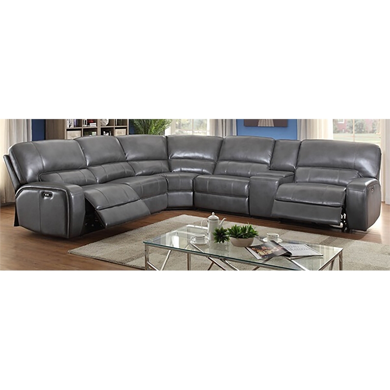 ACME Saul Leather Aire Power Motion Sectional Sofa w/ USB Charging Docks in Gray