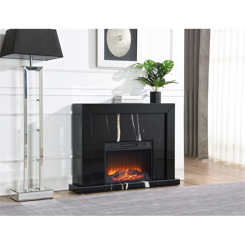 ACME Drisana Wood and Tempered Glass Rectangular Fireplace in Black Mirrored
