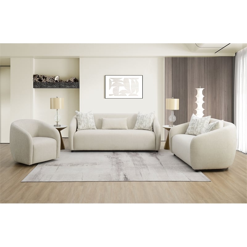 ACME Etienne Wood & Linen Fabric Upholstered Loveseat with 3 Pillows in Beige