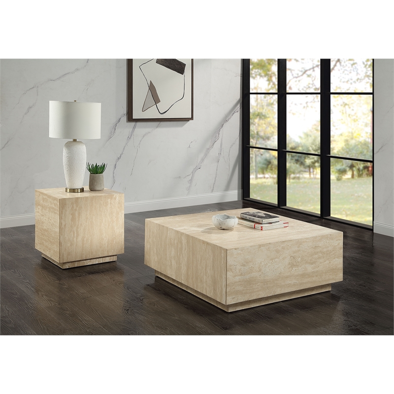 ACME Deon Contemporary Plywood and Travertine Square End Table in Natural Beige
