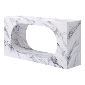 acme fritzy wood console table with cutout shape in white engineered stone