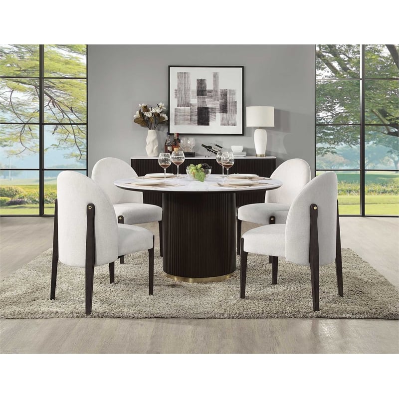 ACME Clayten Wood & Artificial Marble Round Dining Table in White & Espresso