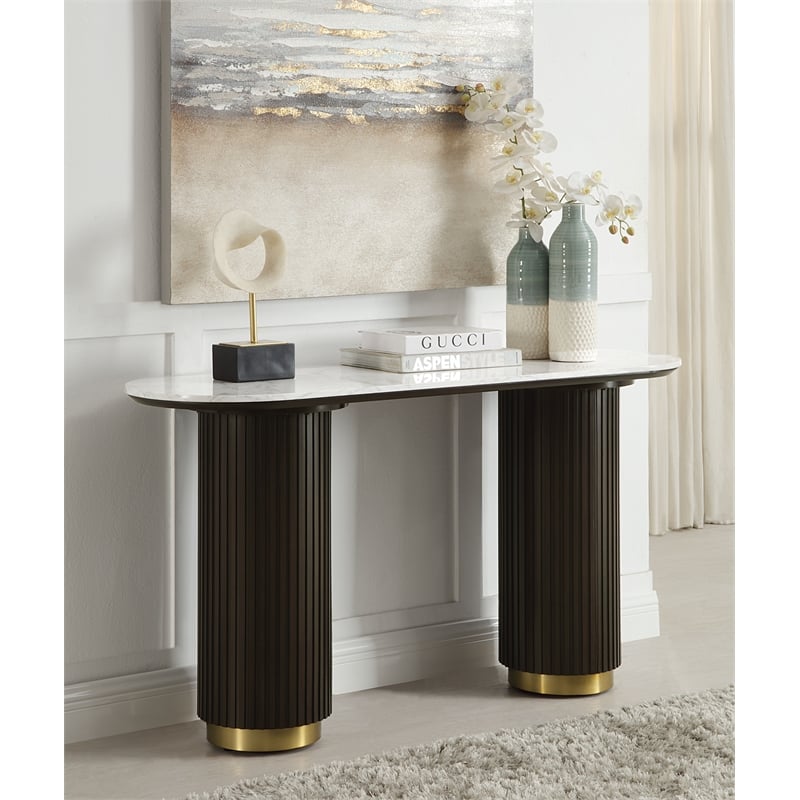 ACME Clayten Wood & Artificial Marble Sofa Table in White & Espresso