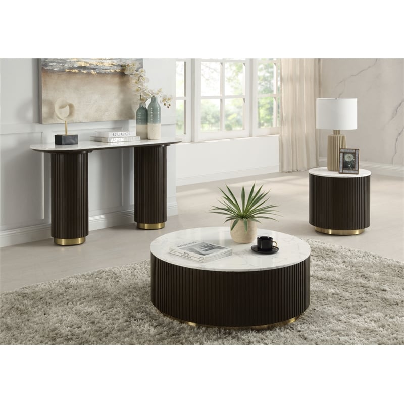 ACME Clayten Wood & Artificial Marble Sofa Table in White & Espresso