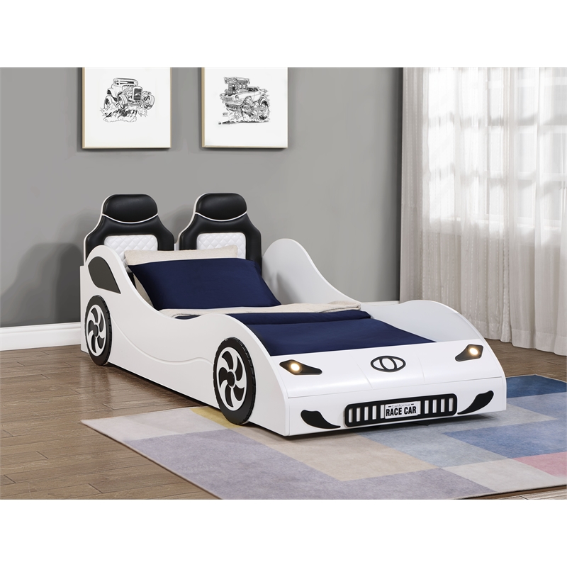 ACME Colen Transitional Pine Wood & Leather Upholstered Twin Car Bed in White