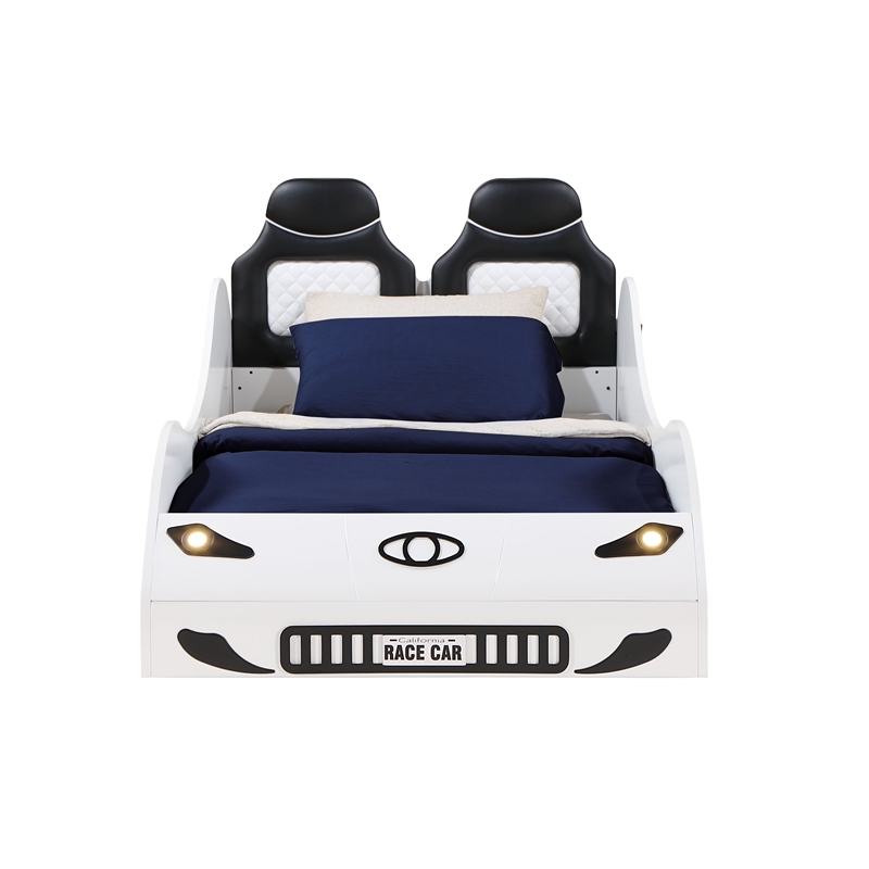 ACME Colen Transitional Pine Wood & Leather Upholstered Twin Car Bed in White
