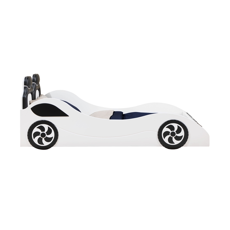 ACME Colen Transitional Pine Wood & Leather Upholstered Twin Car Bed in White