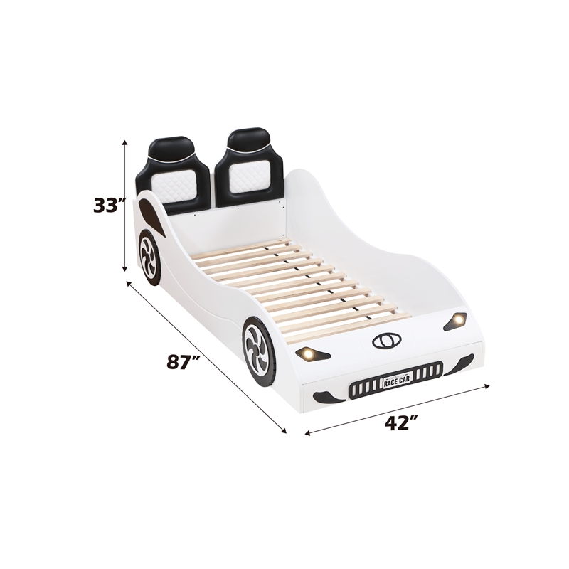 ACME Colen Transitional Pine Wood & Leather Upholstered Twin Car Bed in White