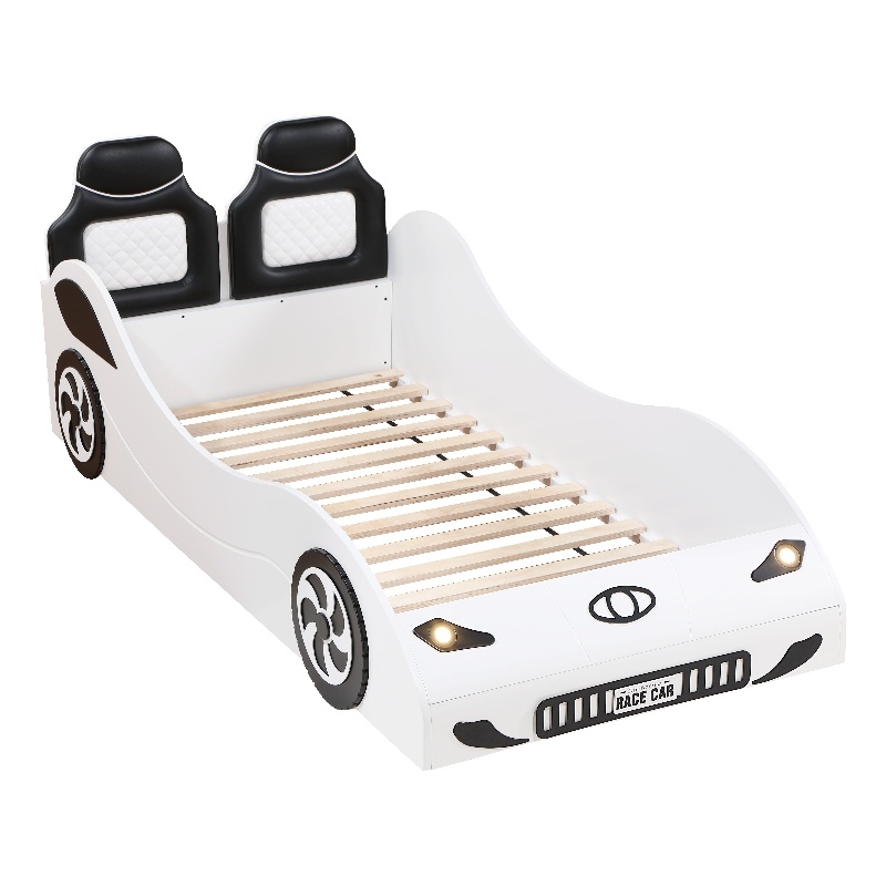 ACME Colen Transitional Pine Wood & Leather Upholstered Twin Car Bed in White