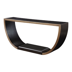 acme maceo wood half-moon console table with lower shelf in black & gold