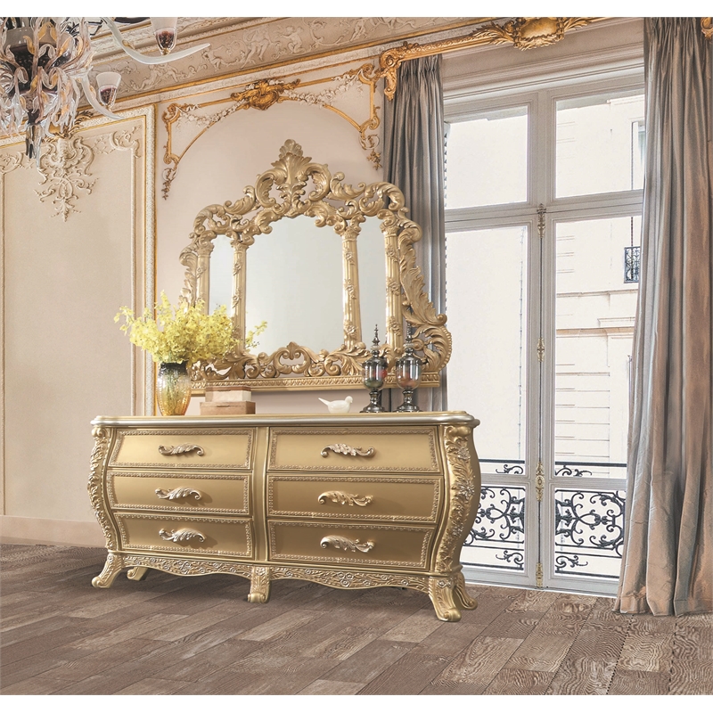 ACME Cabriole MDF Wood Arched Mirror with Floral and Leaf Motifs in Gold