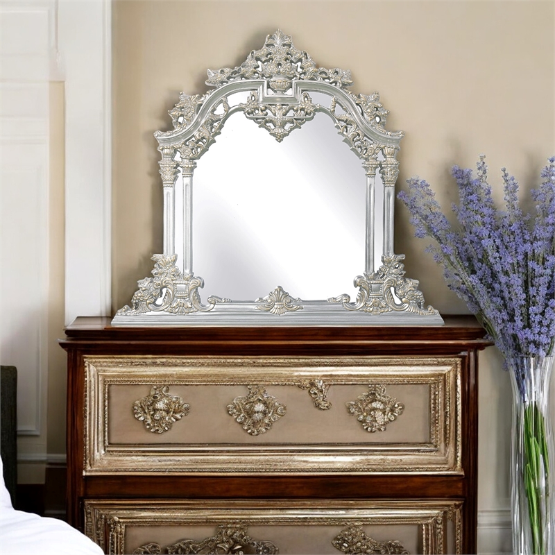 ACME Sandoval MDF Wood Ample Mirror with Scrolled Floral in Silver