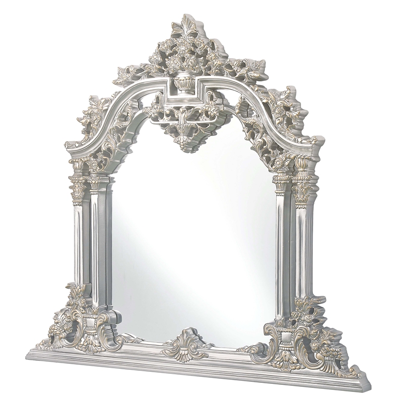 ACME Sandoval MDF Wood Ample Mirror with Scrolled Floral in Silver