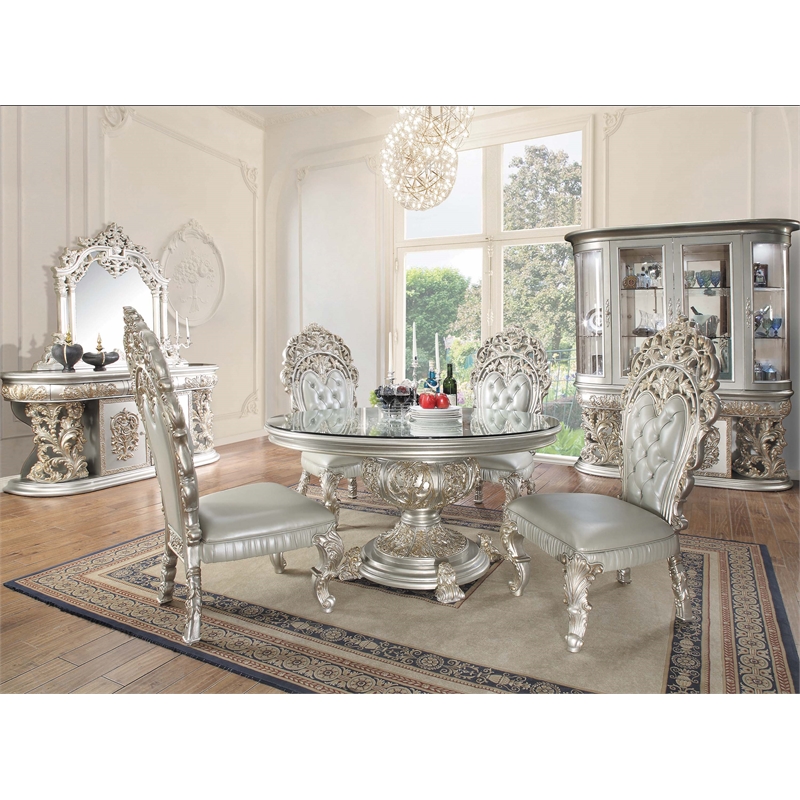 ACME Sandoval MDF Wood Ample Mirror with Scrolled Floral in Silver